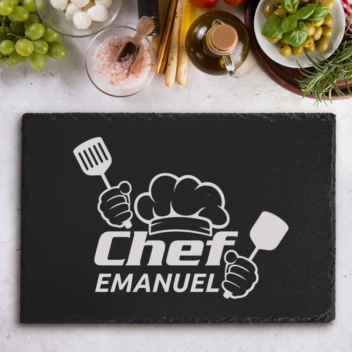 Tavola di ardesia incisa con testo personalizzato - Chef Puternic