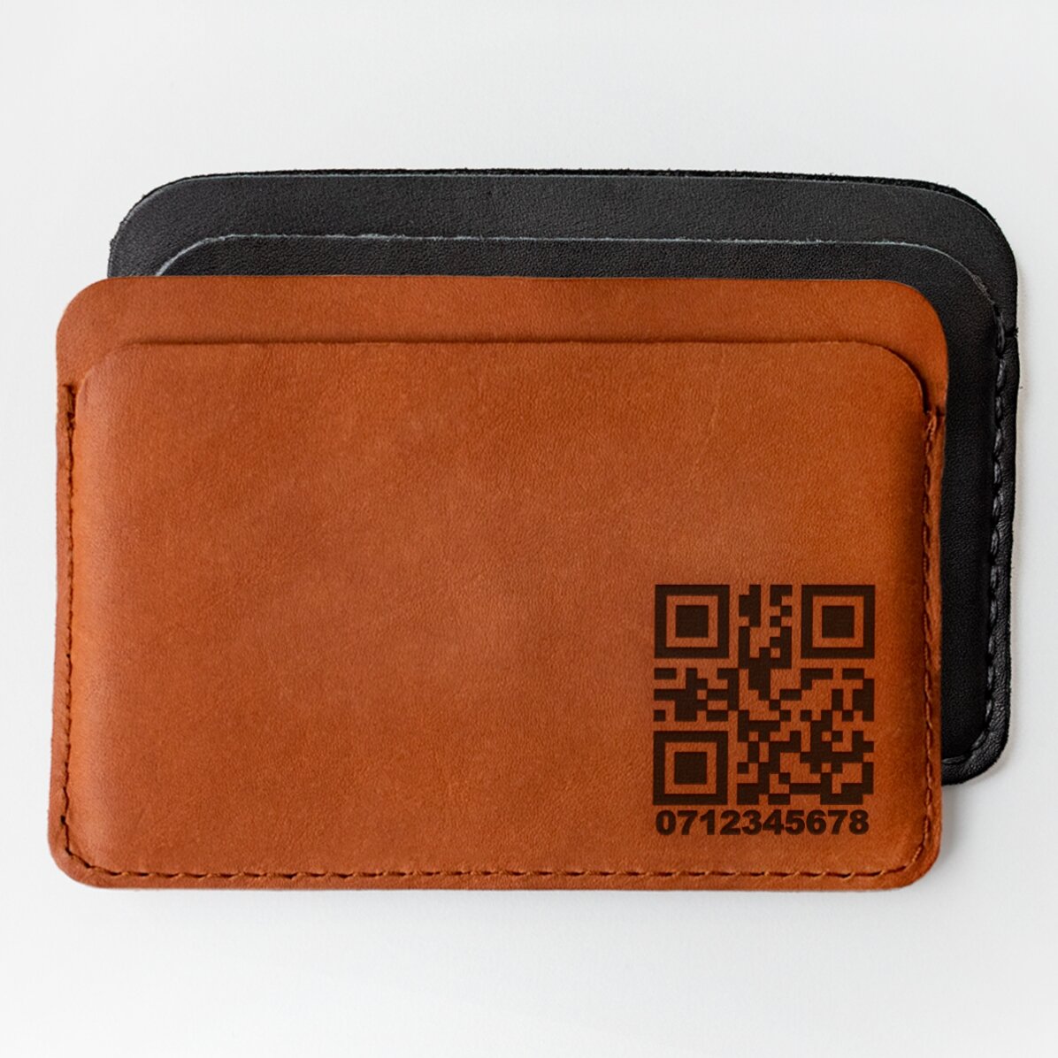 Portafoglio in pelle personalizzato con codice QR e numero di telefono