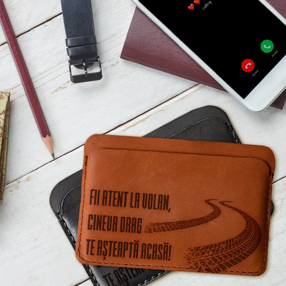 Portafoglio in pelle personalizzato con messaggio - Attenzione!