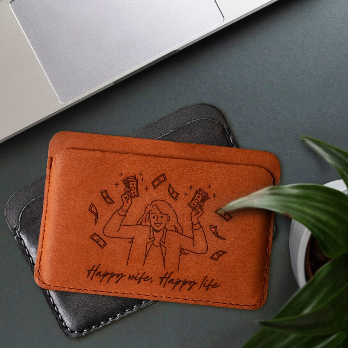 Portafoglio in pelle personalizzato con la scritta "Happy wife, Happy life"