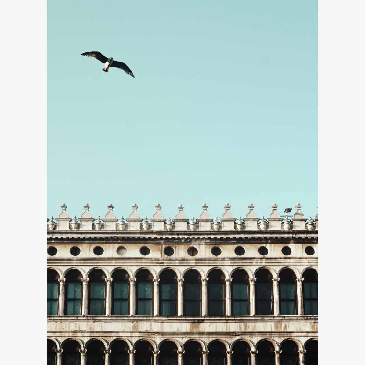 Poster con uccello e edificio