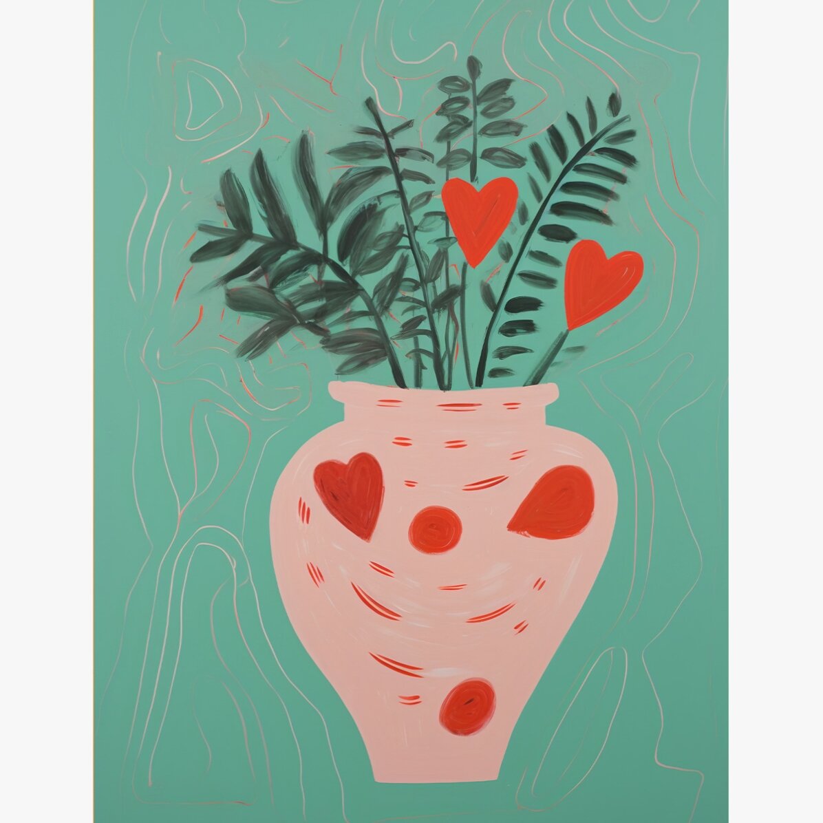 Poster con illustrazioni di piante in vaso e cuoricini disegnati