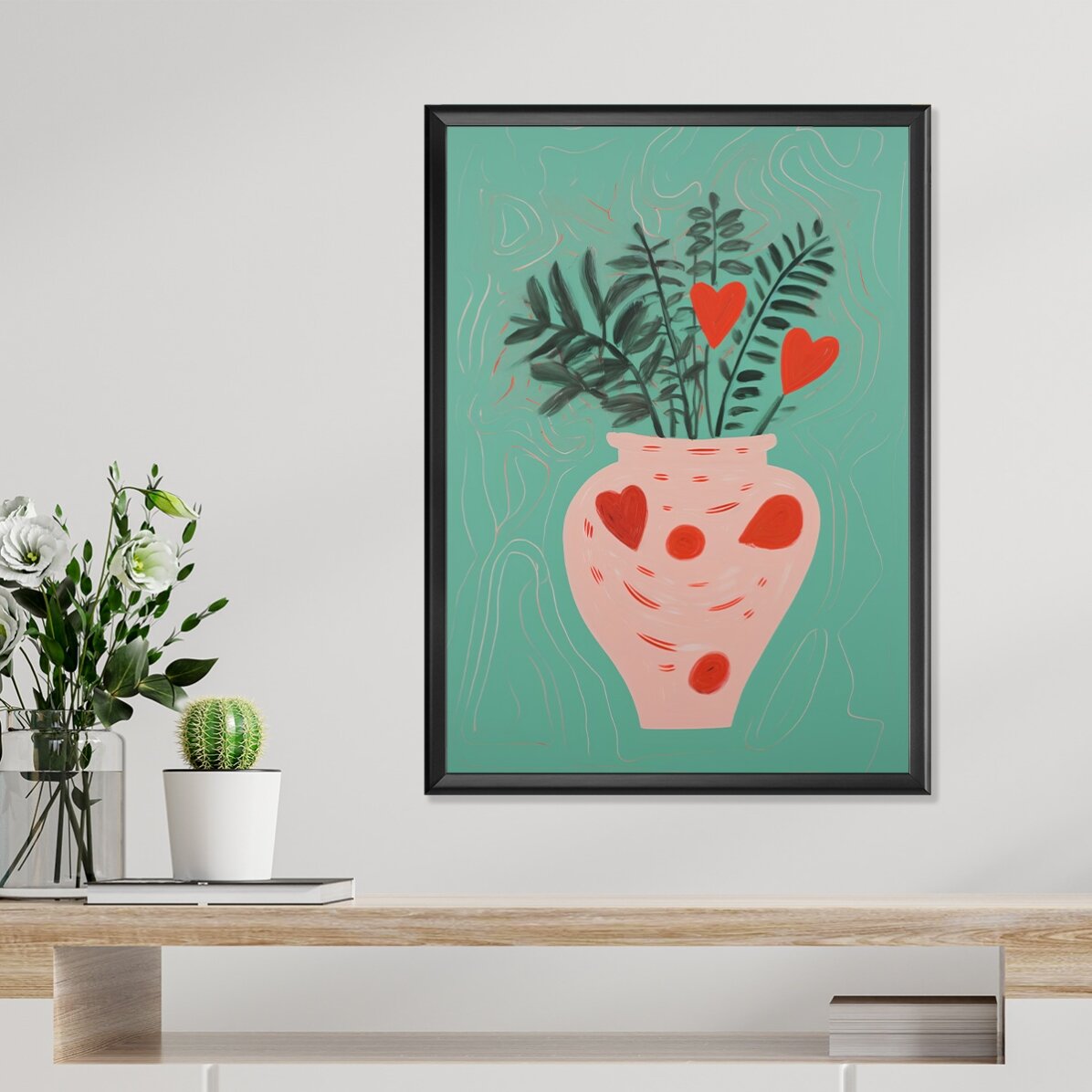 Poster con illustrazioni di piante in vaso e cuoricini disegnati