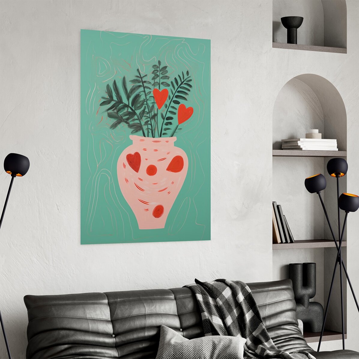 Poster con illustrazioni di piante in vaso e cuoricini disegnati