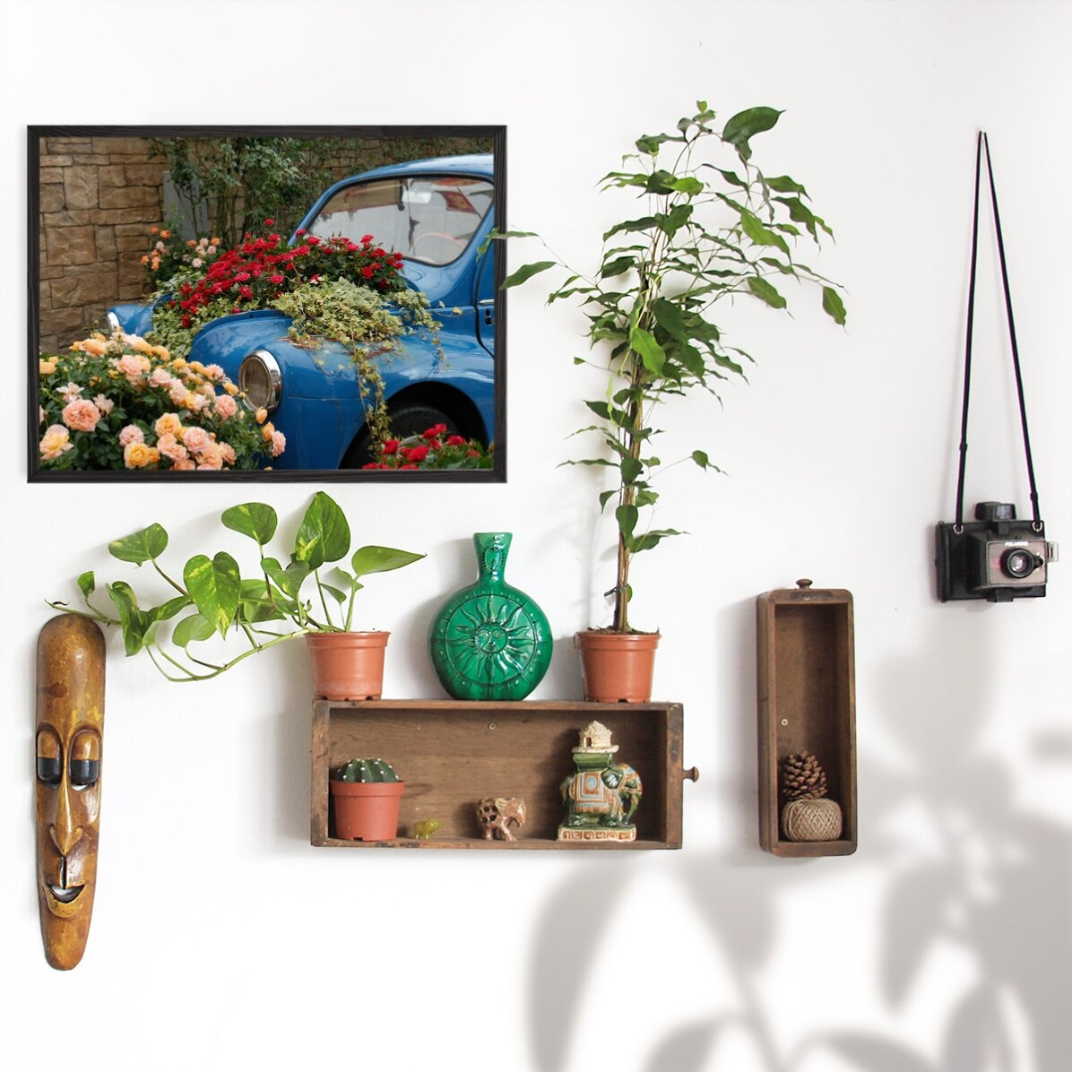 Poster: auto blu vintage con fiori