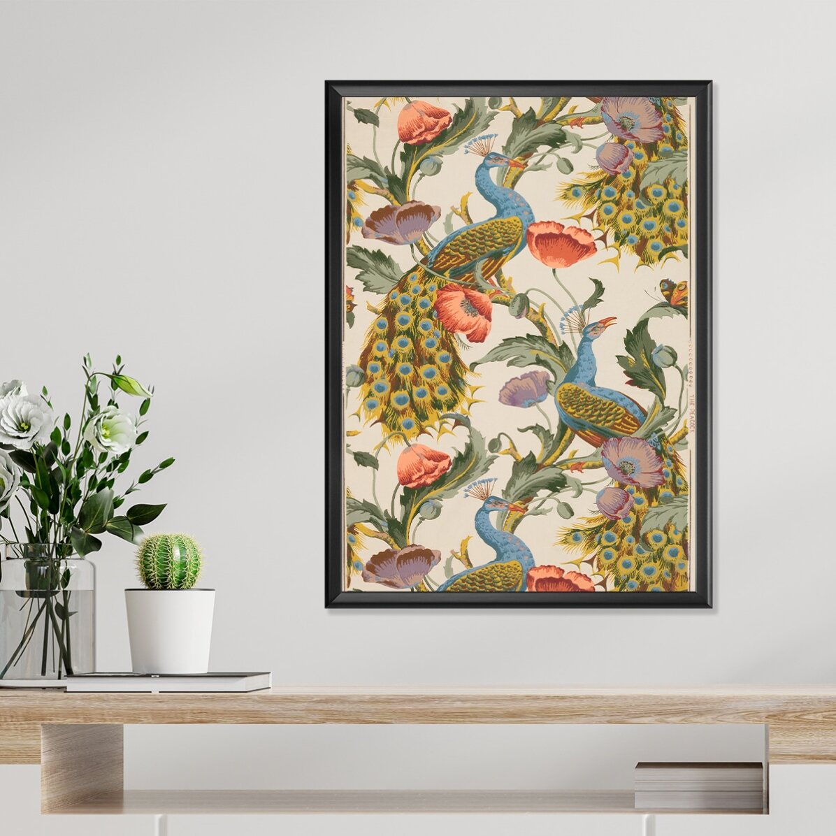 Poster vintage con pavoni e papaveri
