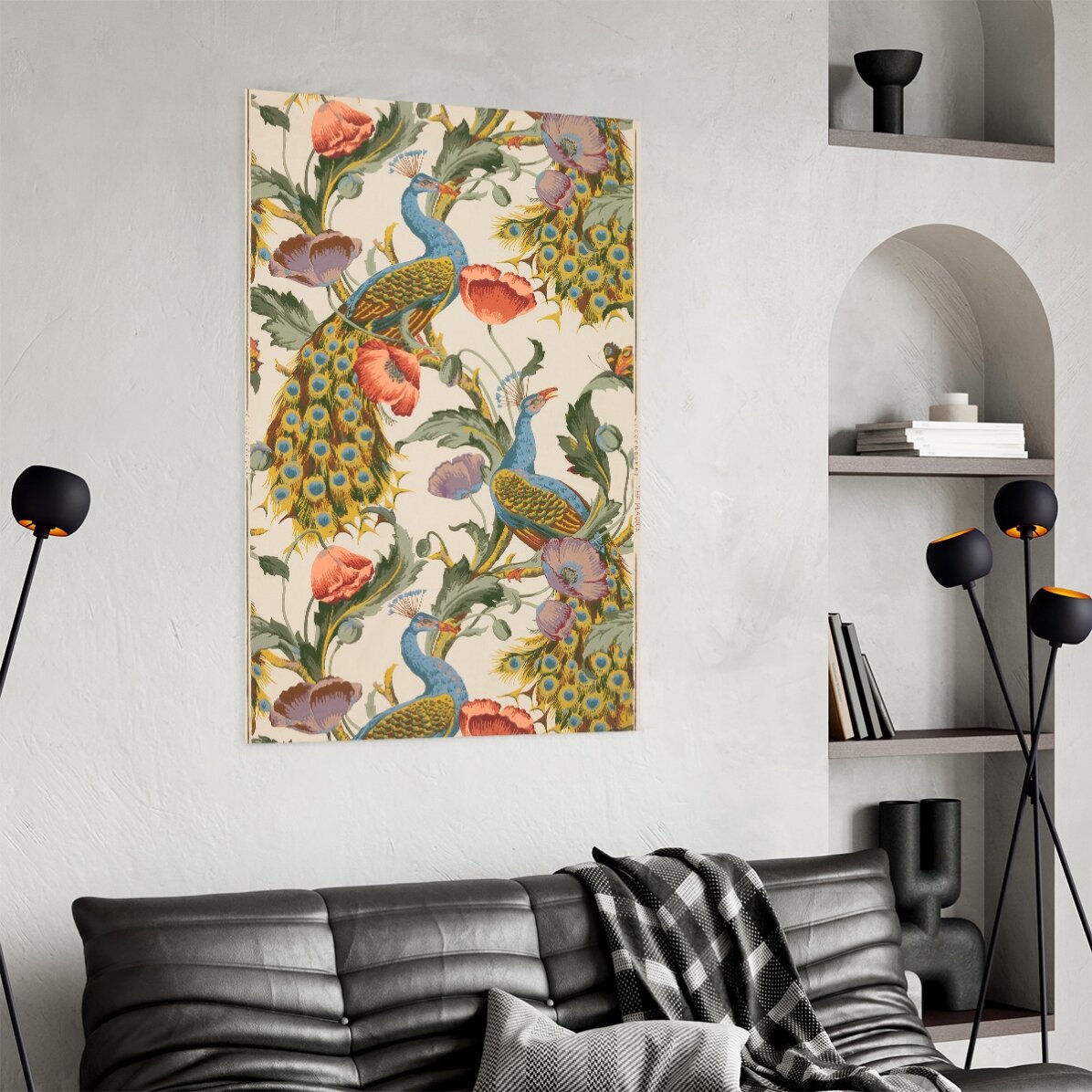 Poster vintage con pavoni e papaveri