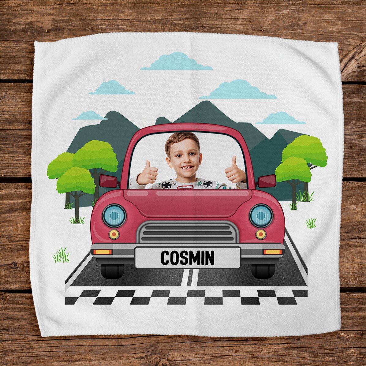 Asciugamano personalizzato con foto e testo per bambini - Auto