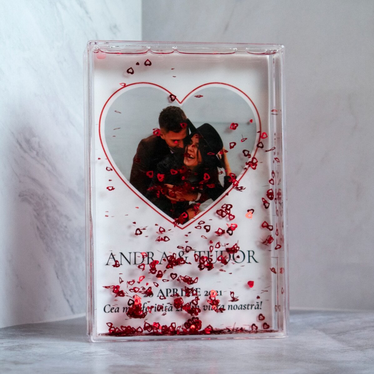 Desktop photo frame with hearts, personalised with a photo and text