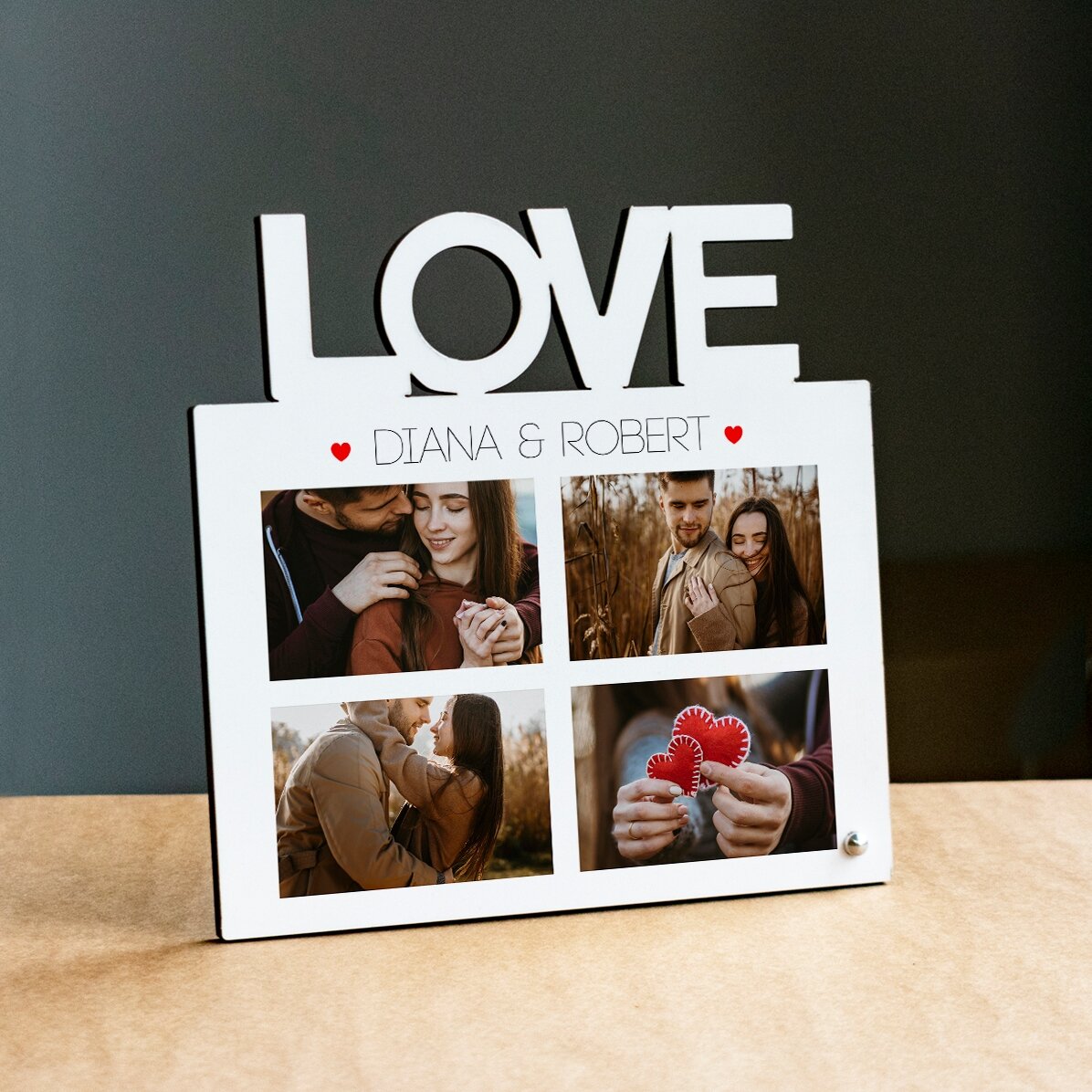 Cornice da scrivania personalizzata con 4 foto e testo - modello LOVE