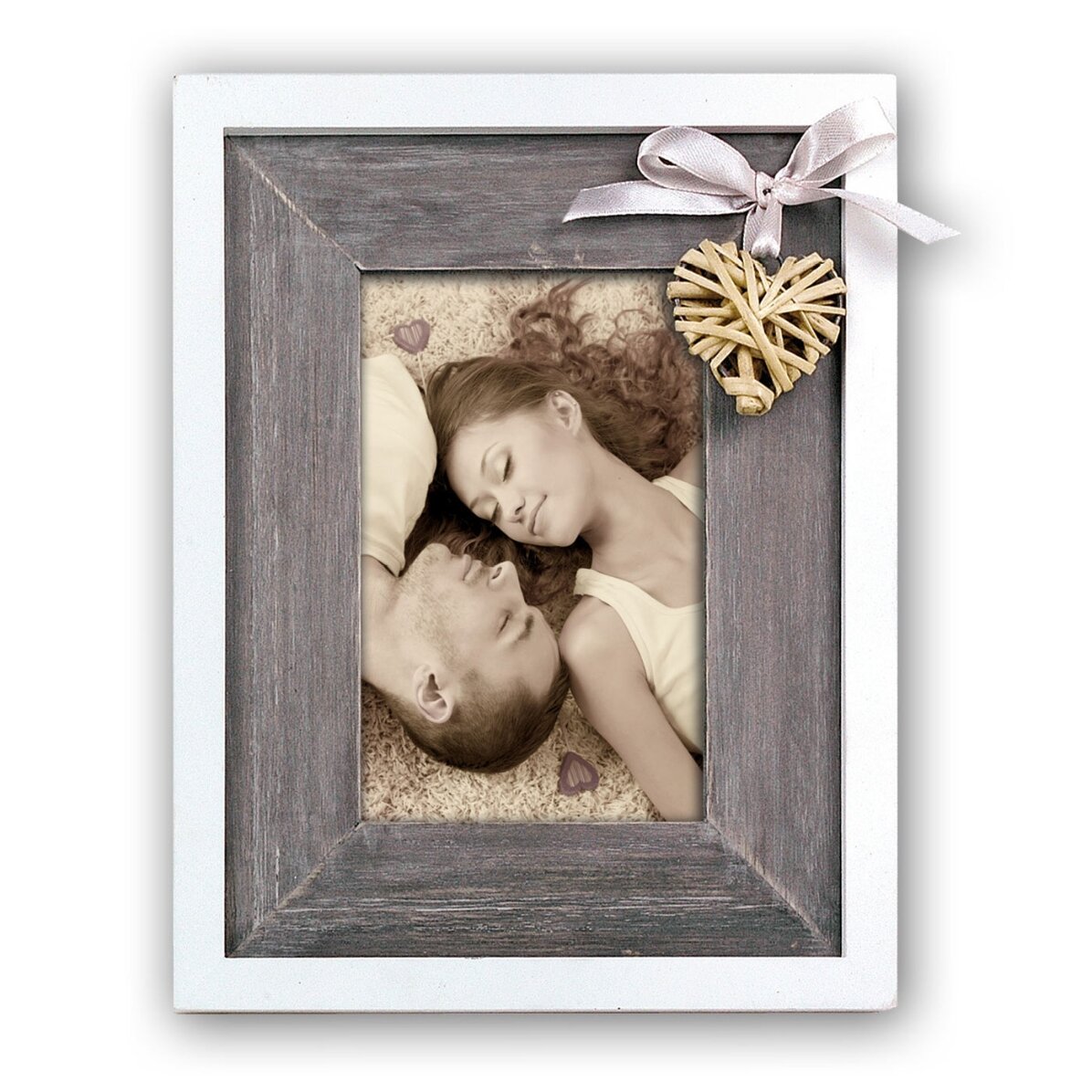 Cornice per foto con fiocco e cuore in legno, 18,5x23,5 cm