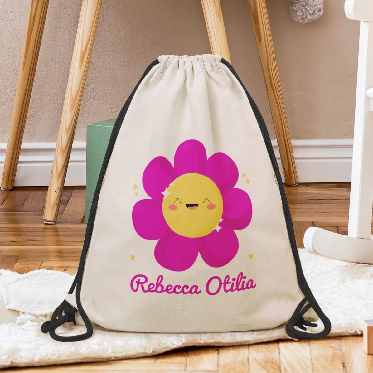 Zaino personalizzato con nome - Modello con fiore colorato