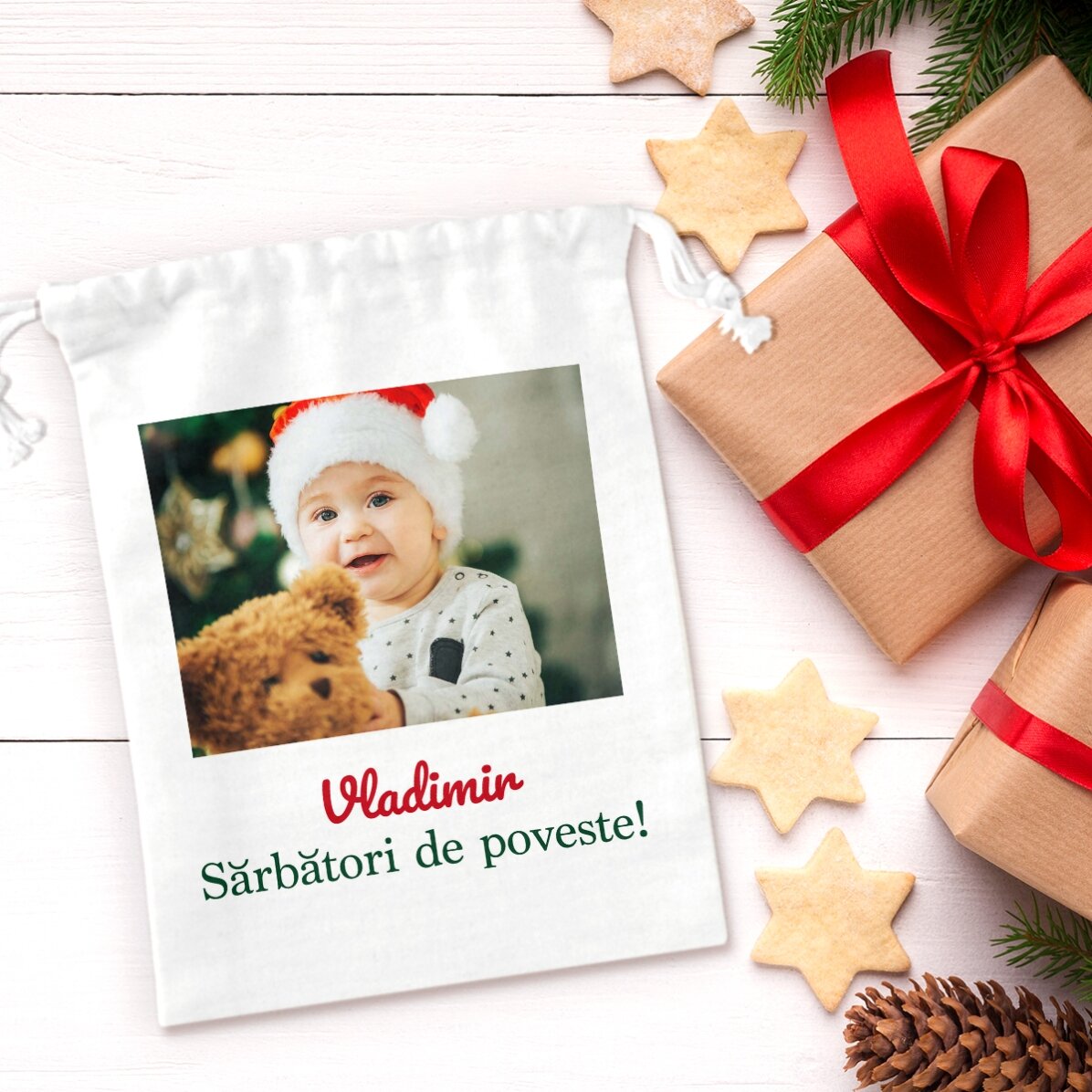 Piccolo sacchetto regalo personalizzato con una foto e una scritta