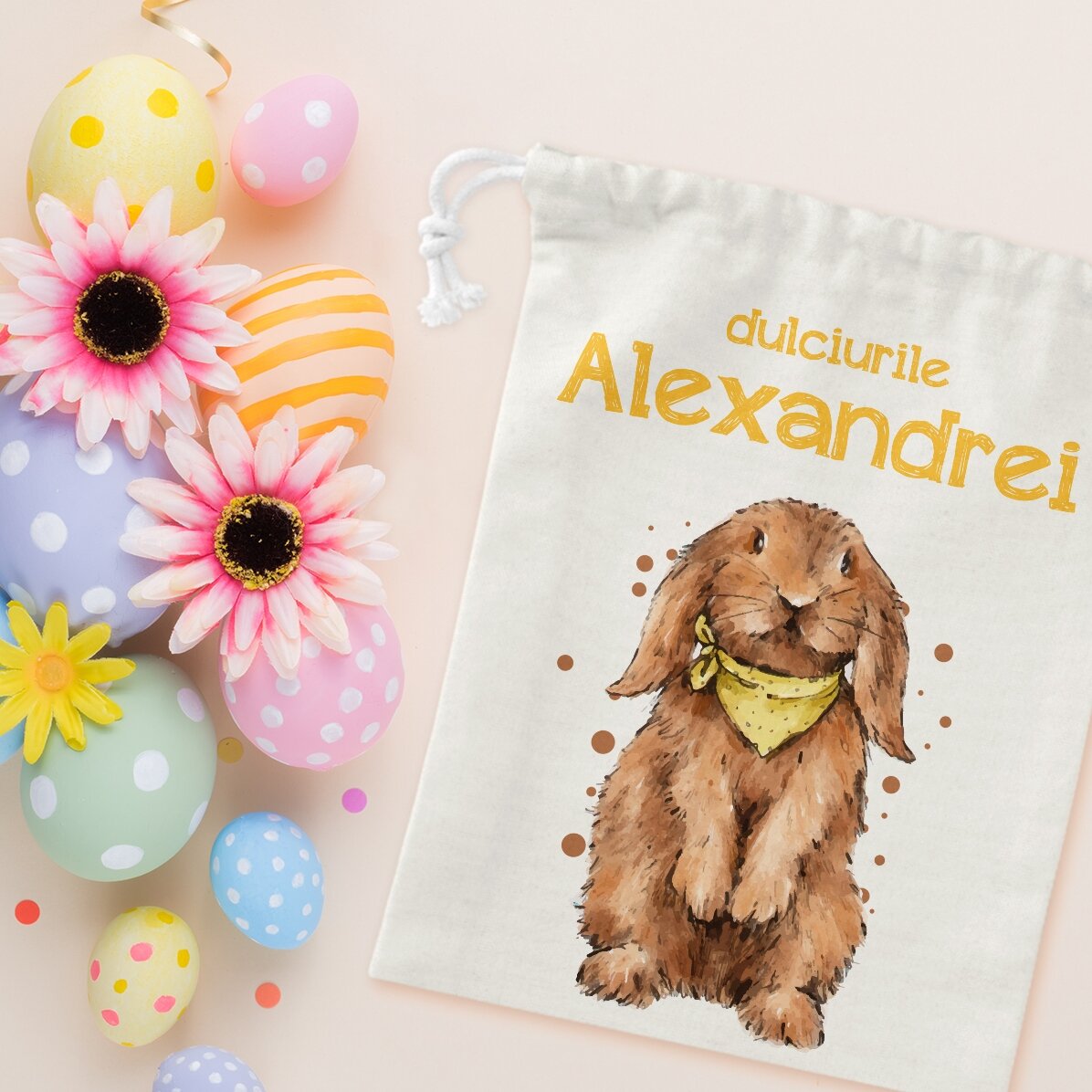 Piccolo sacchetto regalo personalizzato con scritta - Coniglietto con dolciumi