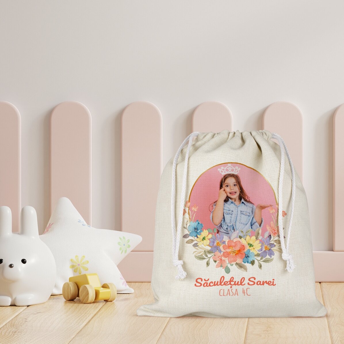 Sacchetto personalizzato per la scuola materna con testo e foto - Flowers