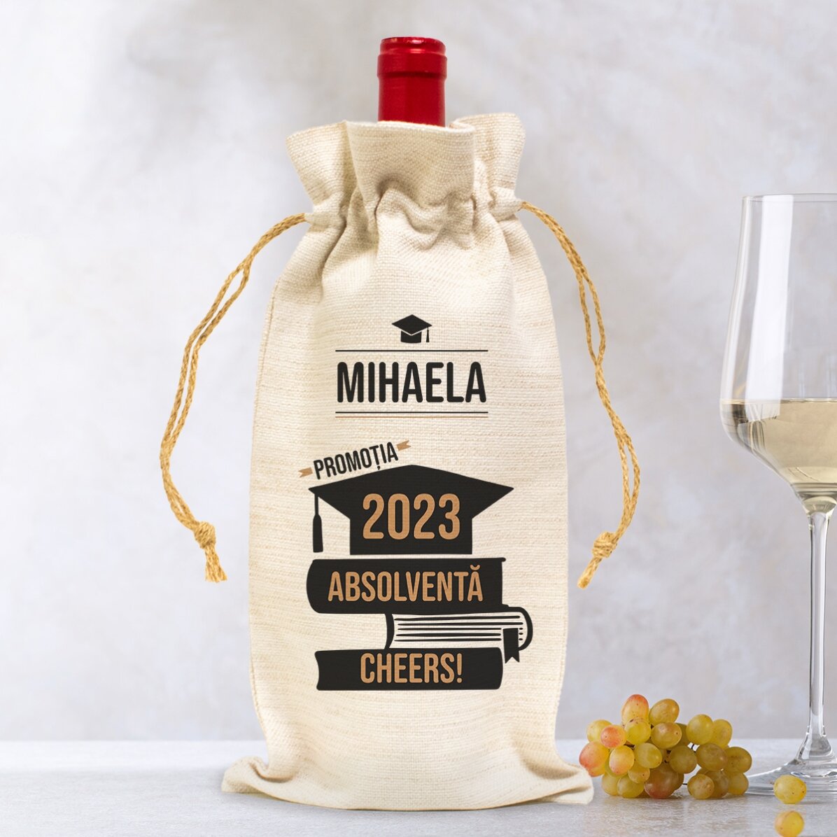 Sacchetto per bottiglia di vino, personalizzato con un messaggio per i neolaureati