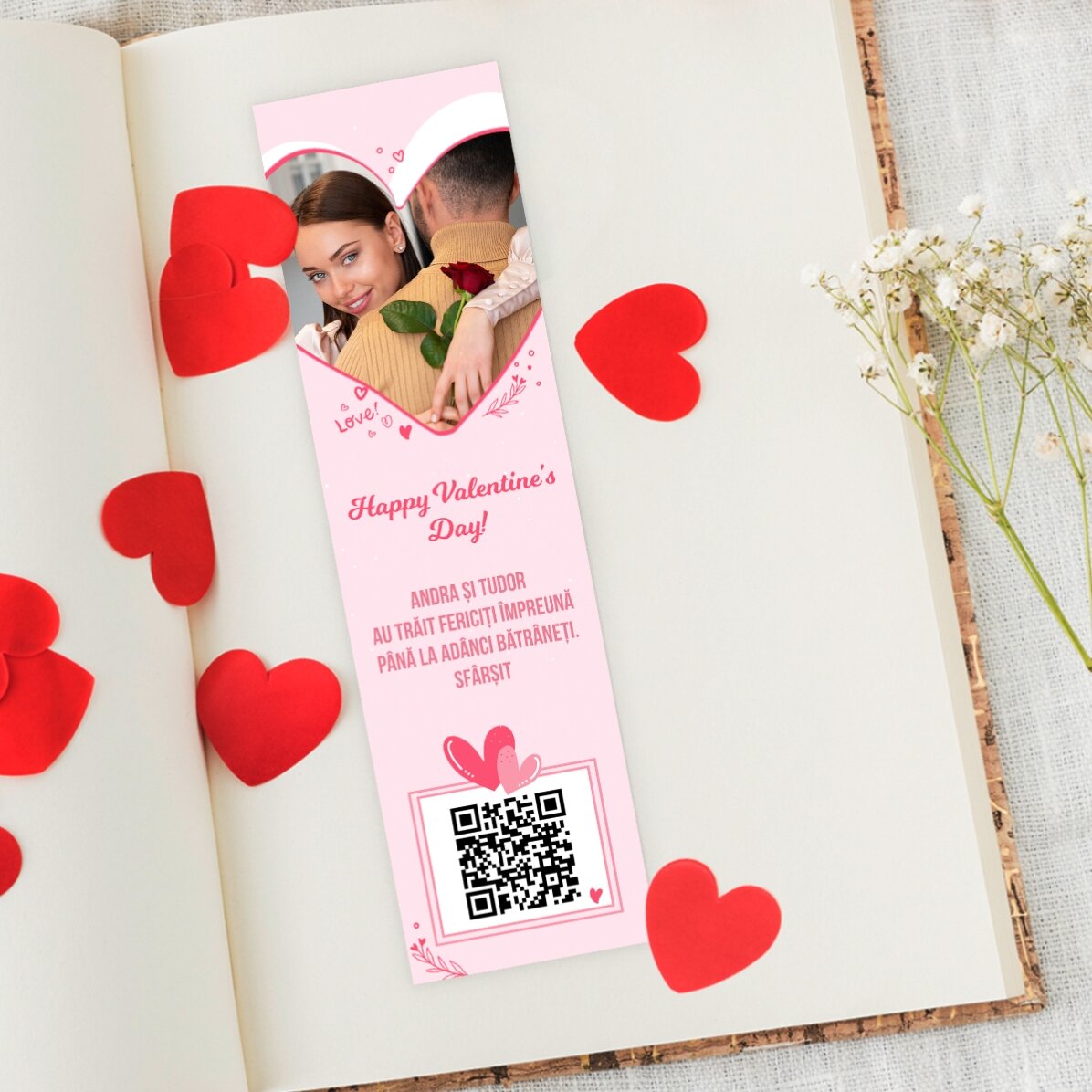 Segnalibro personalizzato con foto, testo e codice QR - Love