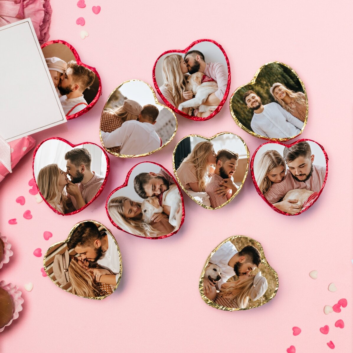Set di 10 mini cioccolatini a forma di cuore personalizzati con foto