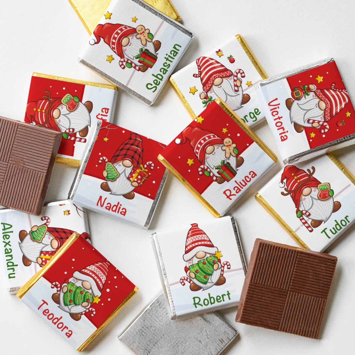 Set di 10 mini cioccolatini personalizzati con nome - Gnomi di Natale
