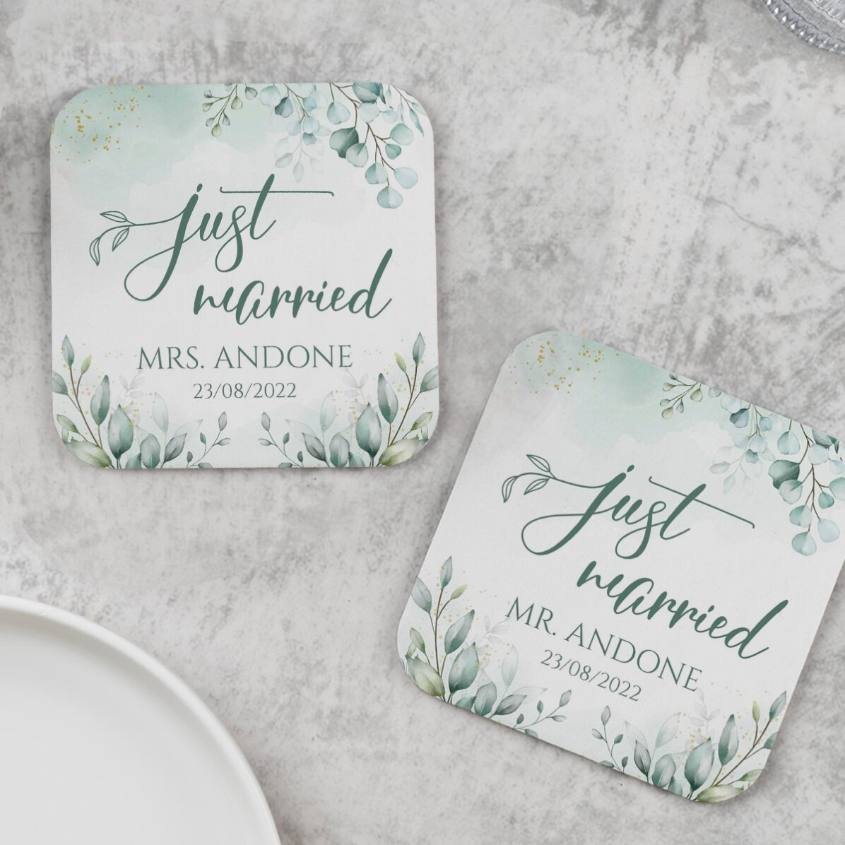 Set di 2 portabicchieri personalizzati con la scritta "Just Married Elegance"