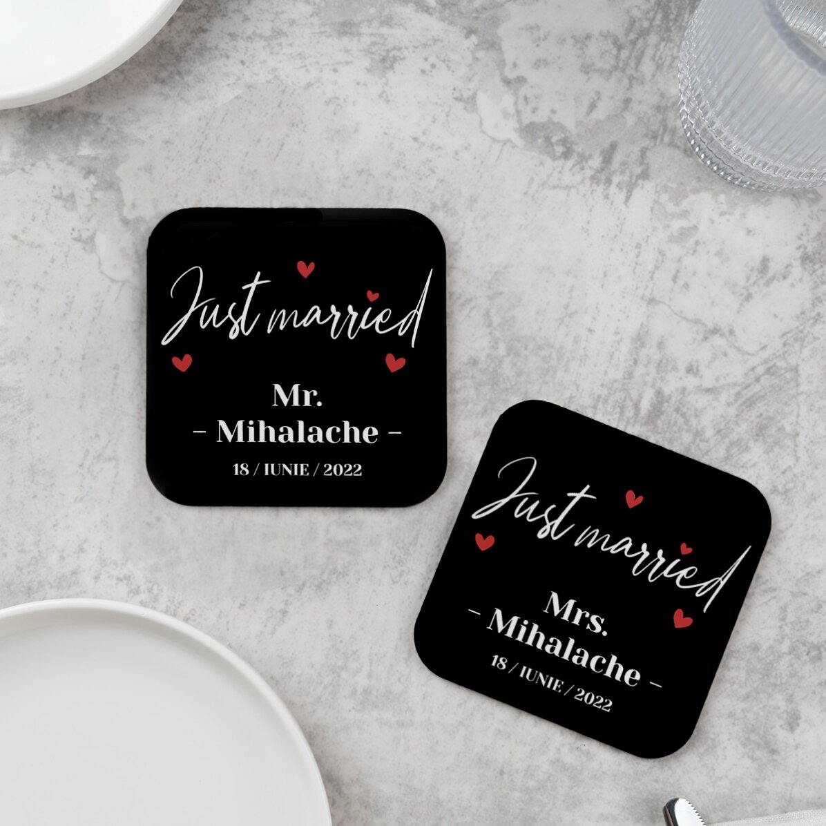 Set di 2 sottobicchieri personalizzati con la scritta "Just Married"