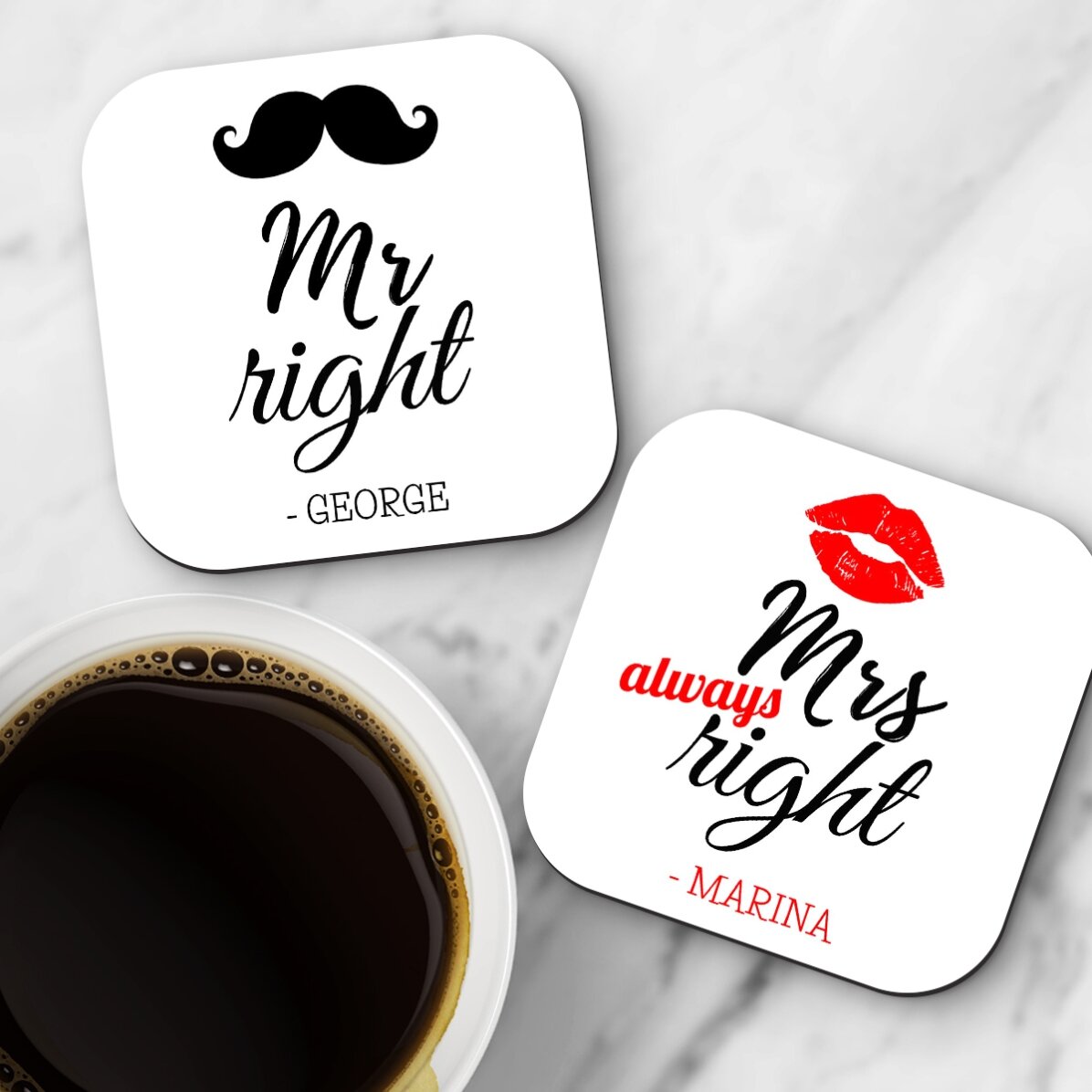 Set di 2 portabicchieri personalizzati con scritta - Mr and Mrs Right