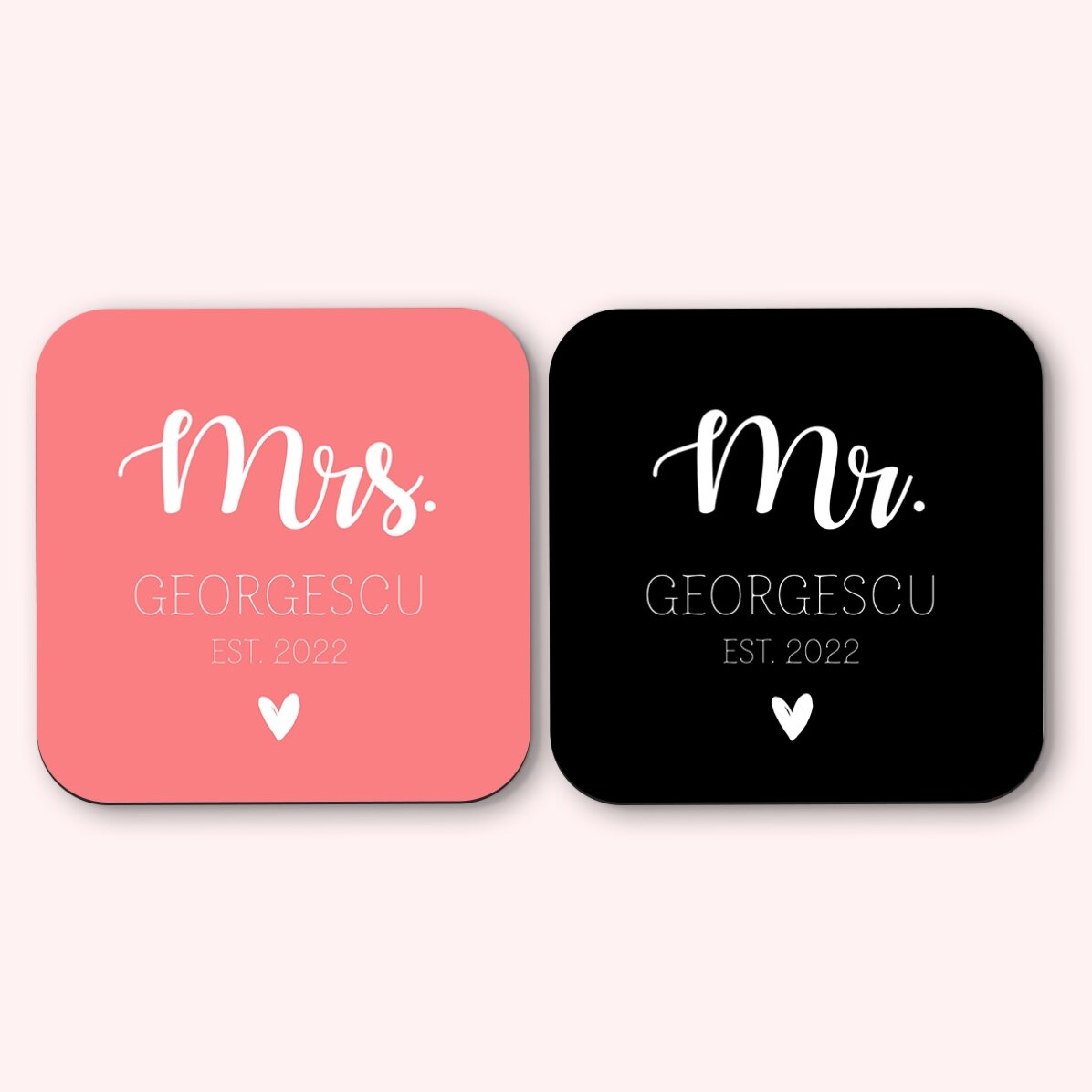 Set di 2 sottobicchieri personalizzati con la scritta "Mrs and Mr"