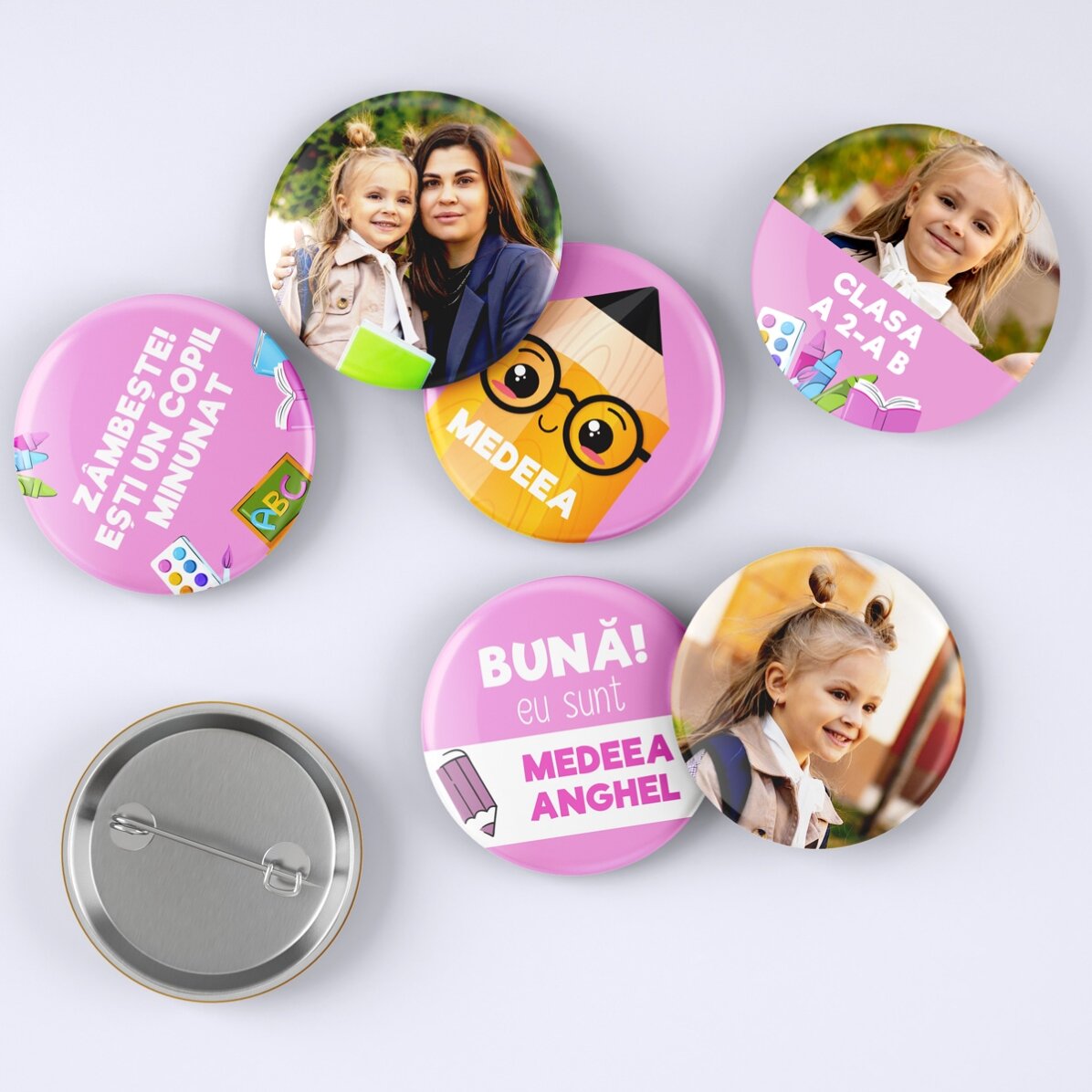 Set di 6 spille personalizzate con foto e messaggio - Ritorno a scuola