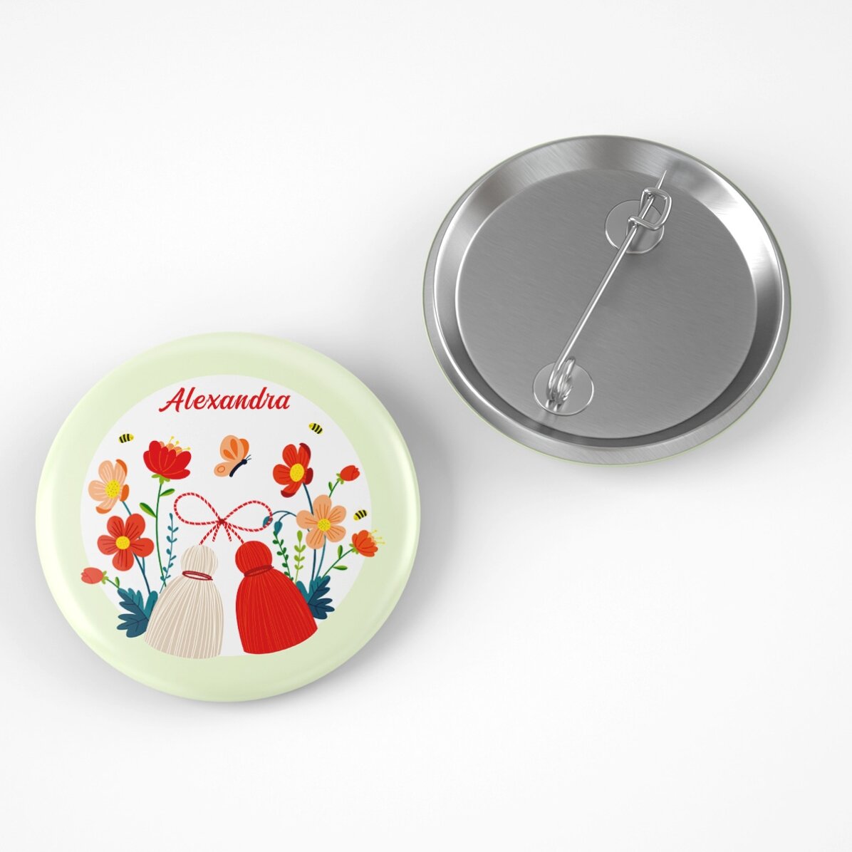 Set regalo Martisor con mini cioccolatino e spilla personalizzata con nome