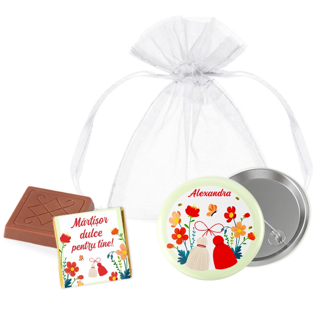 Set regalo Martisor con mini cioccolatino e spilla personalizzata con nome