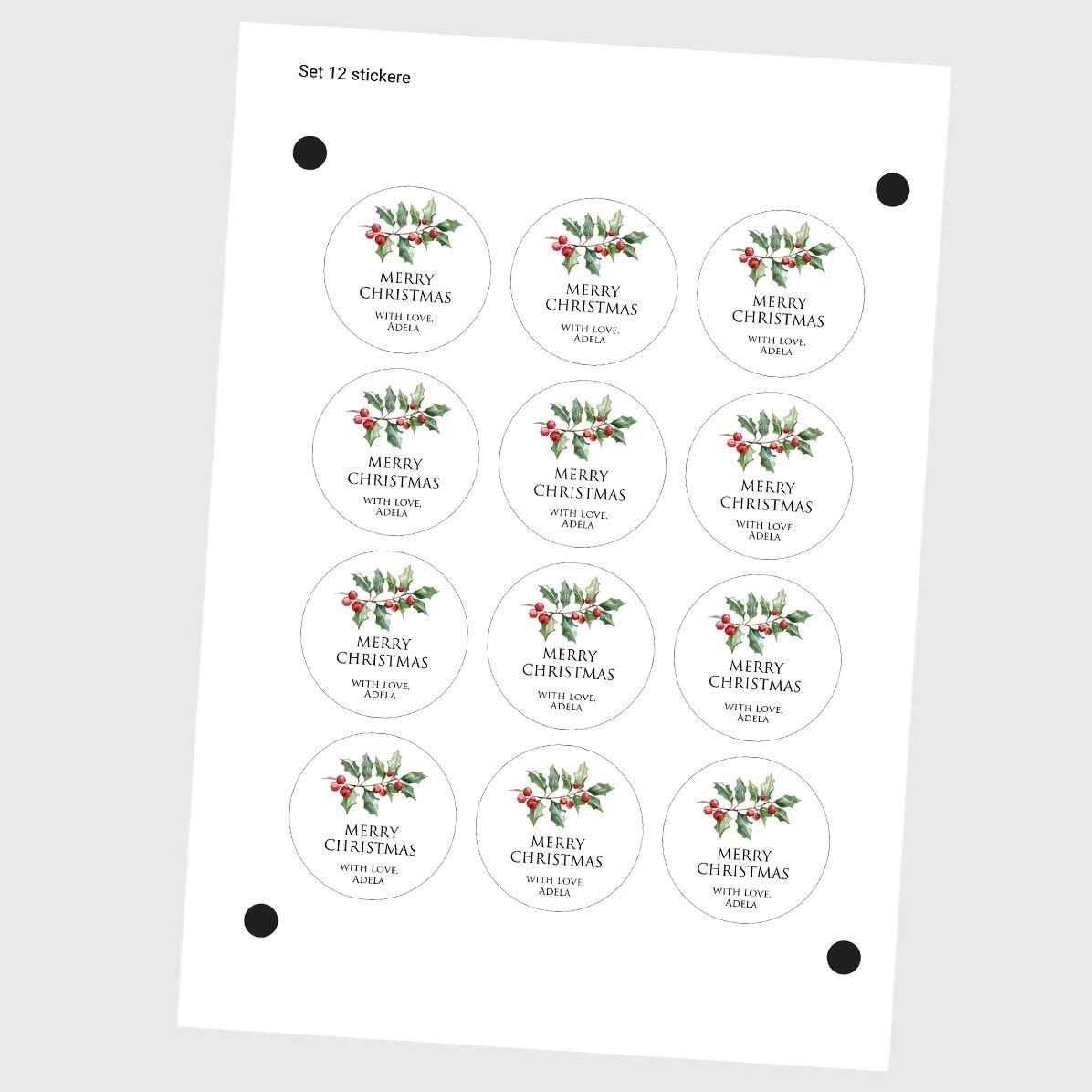 Set di 12 adesivi (etichette autoadesive) rotondi, diametro 5 cm, personalizzati con un messaggio - 