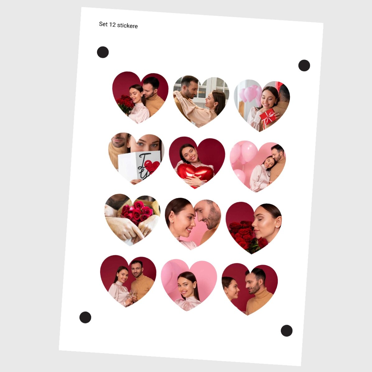 Set di 12 adesivi (etichette autoadesive) a forma di cuore personalizzati con foto