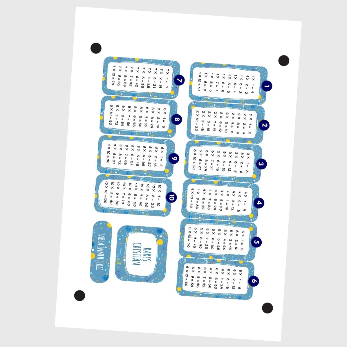Set of 12 stickers (self-adhesive labels) personalised with text and multiplication table - Space