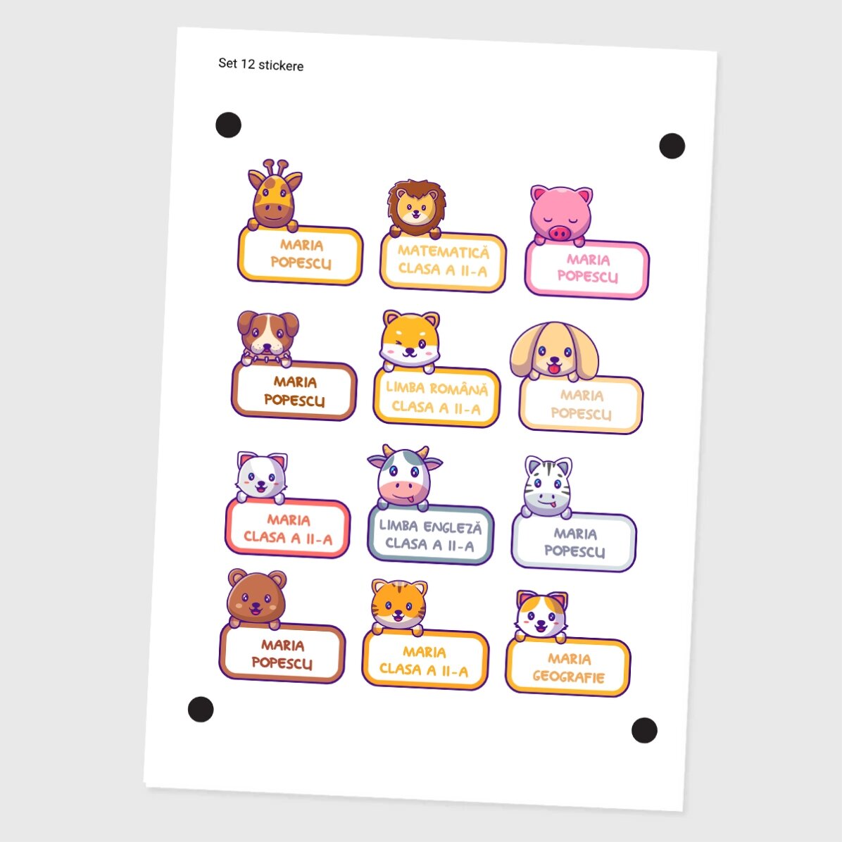 Set di 12 adesivi (etichette autoadesive) personalizzati per la scuola - Animalietti