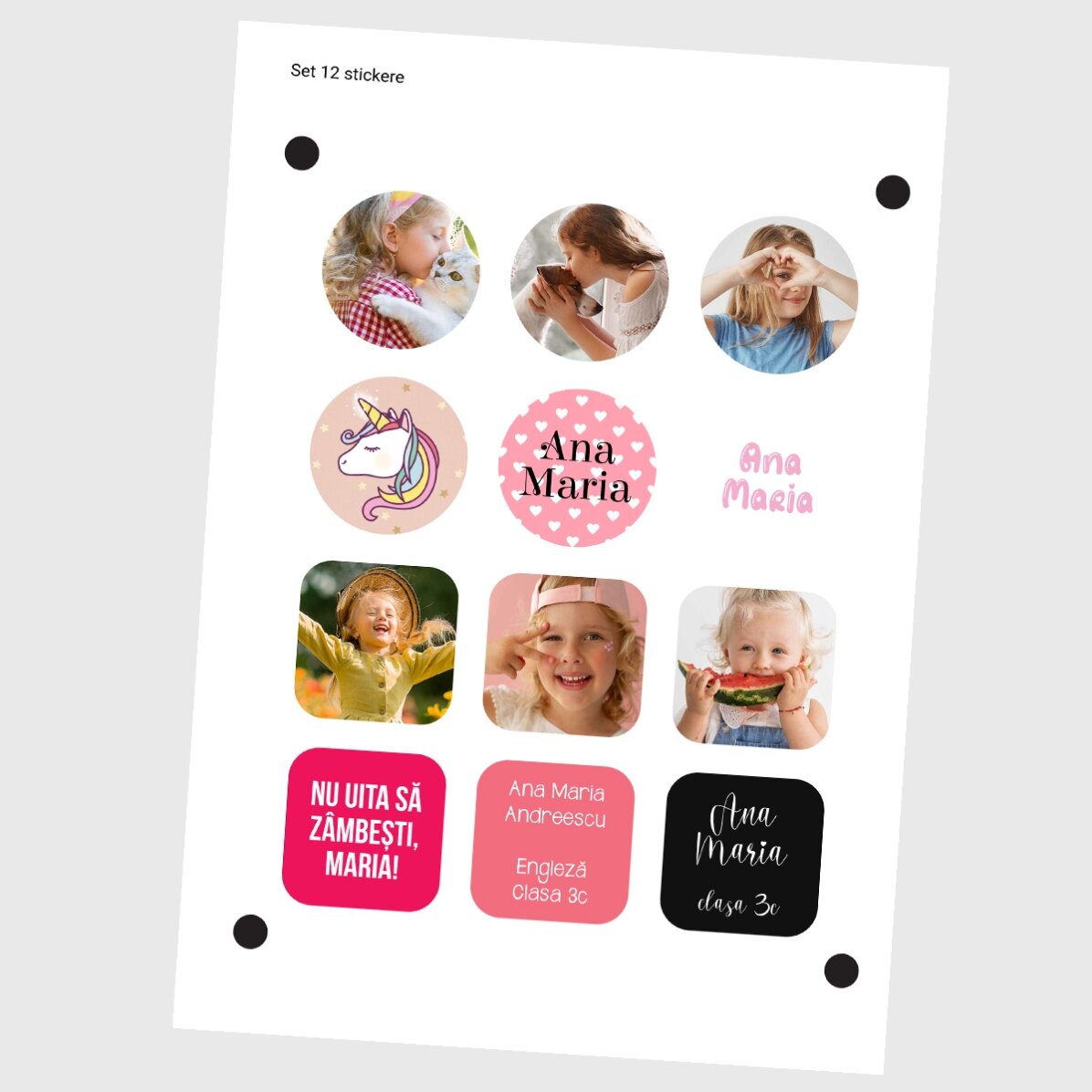 Set di 12 adesivi (etichette autoadesive) personalizzati per la scuola