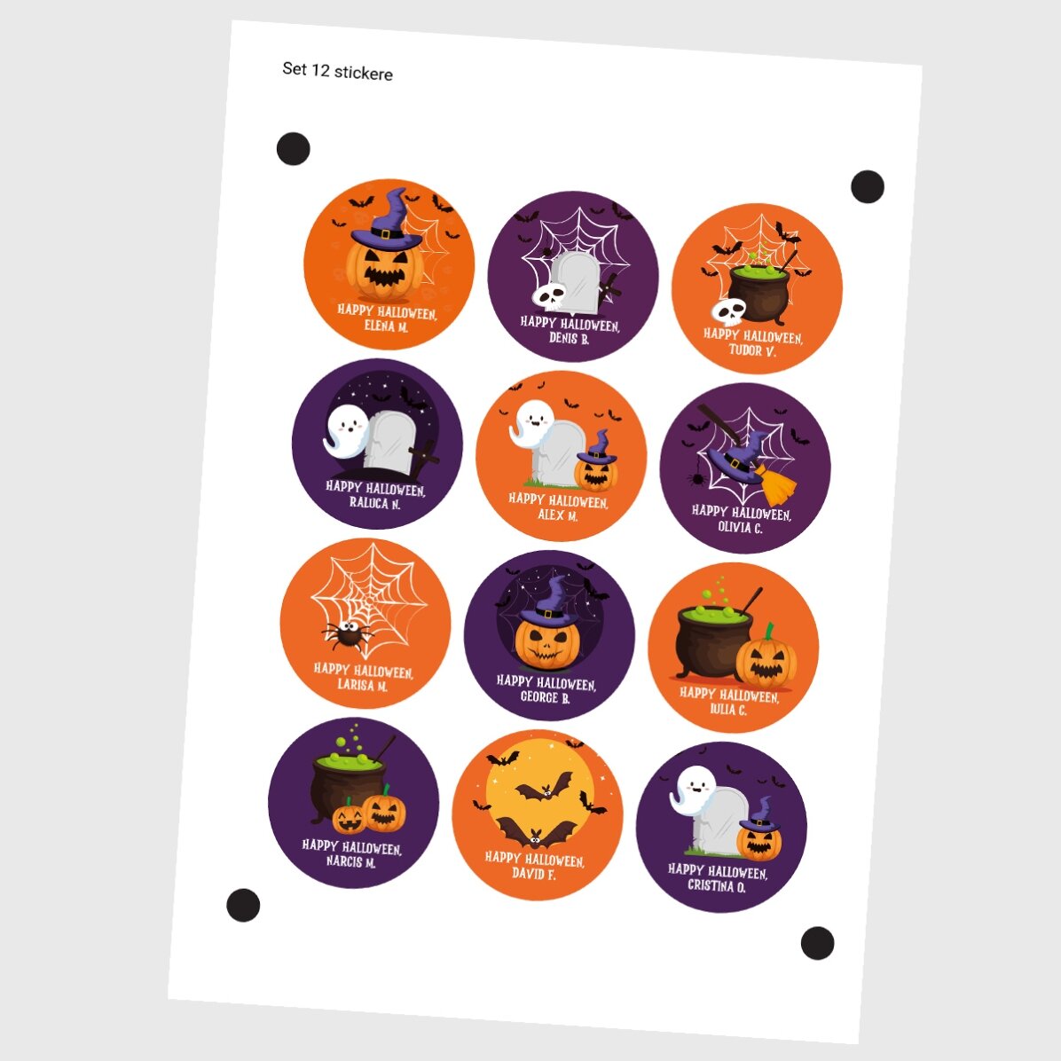 Set di 12 adesivi rotondi personalizzati con testo - Halloween