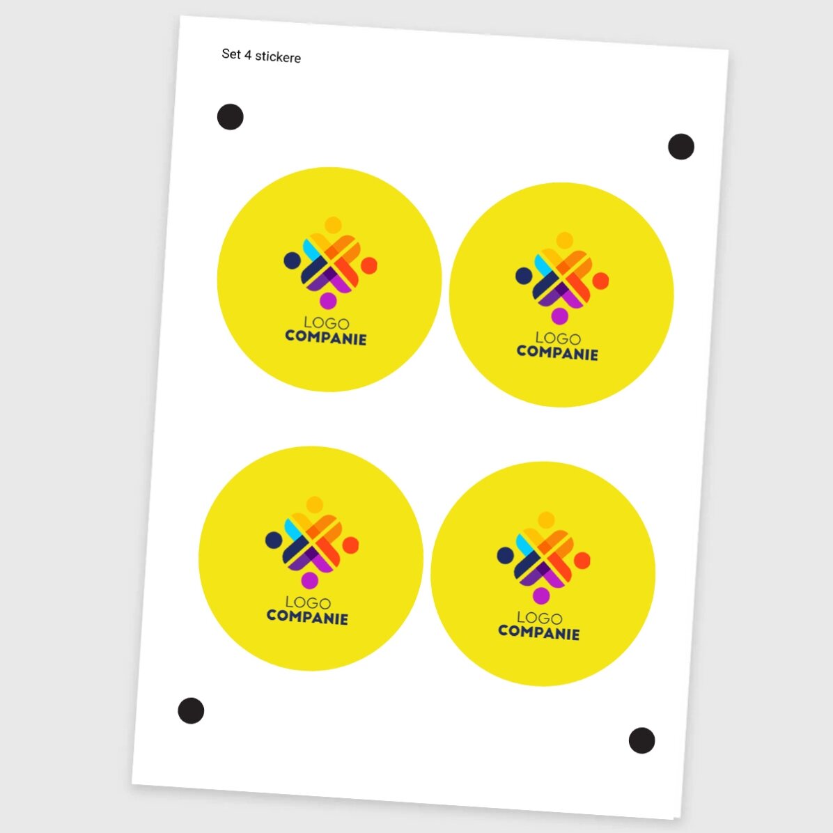 Set di 4 adesivi (etichette autoadesive) rotondi, diametro 8,5 cm, personalizzati con logo