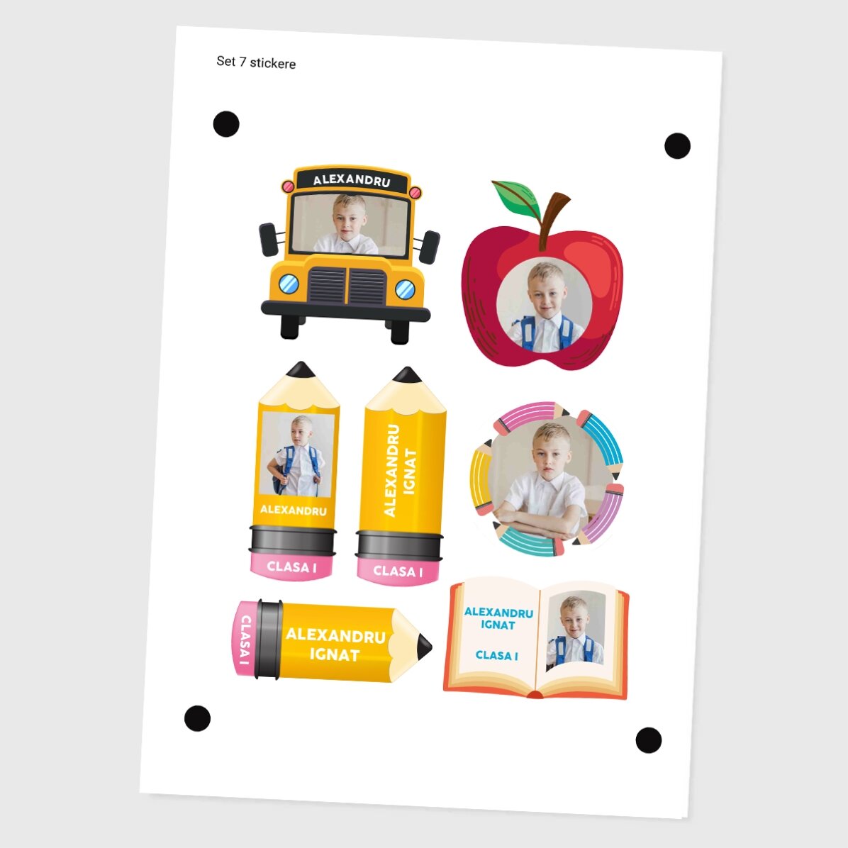 Set di 7 adesivi (etichette autoadesive) personalizzati per la scuola con 5 immagini e testo