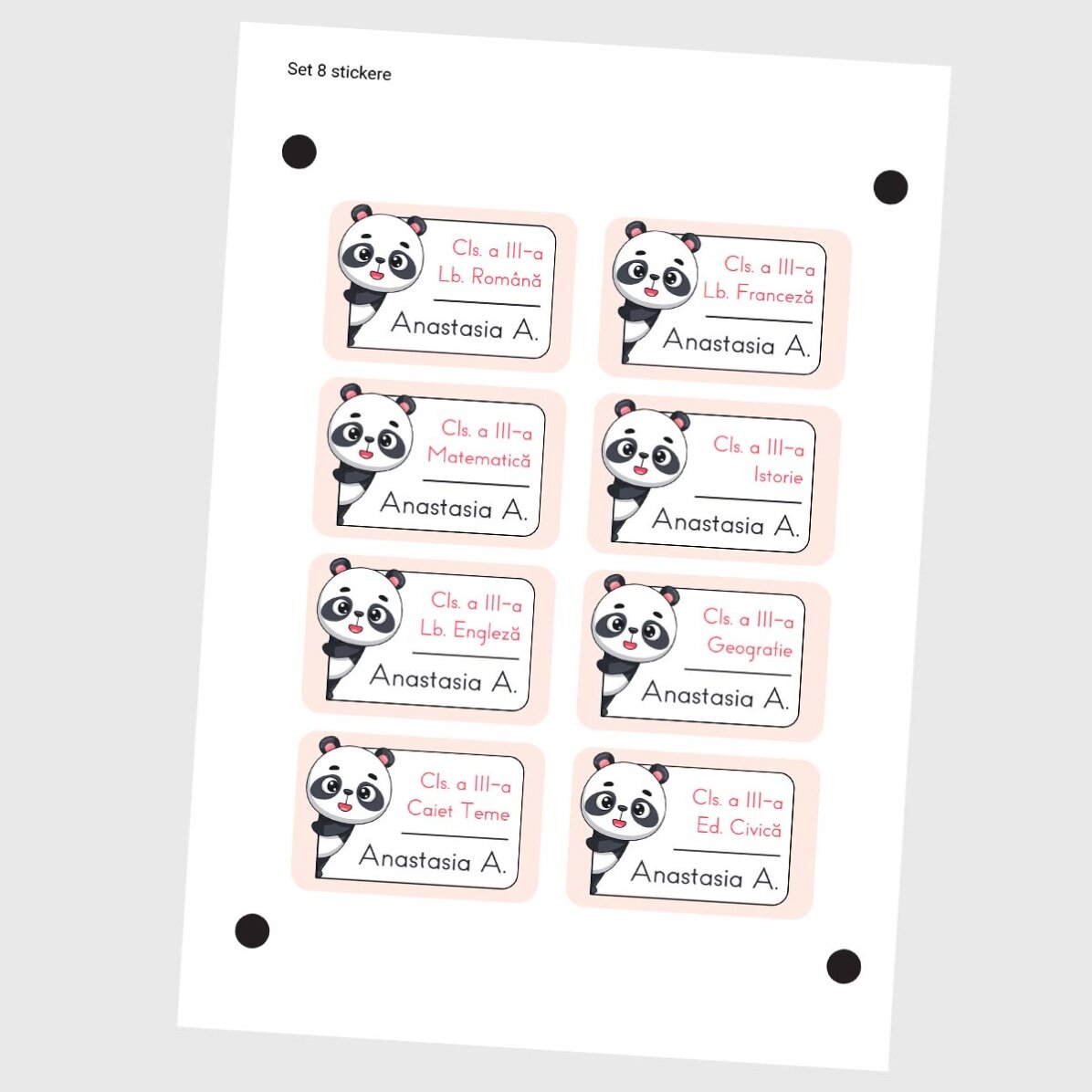 Set di 8 adesivi (etichette autoadesive) personalizzati per la scuola - Panda