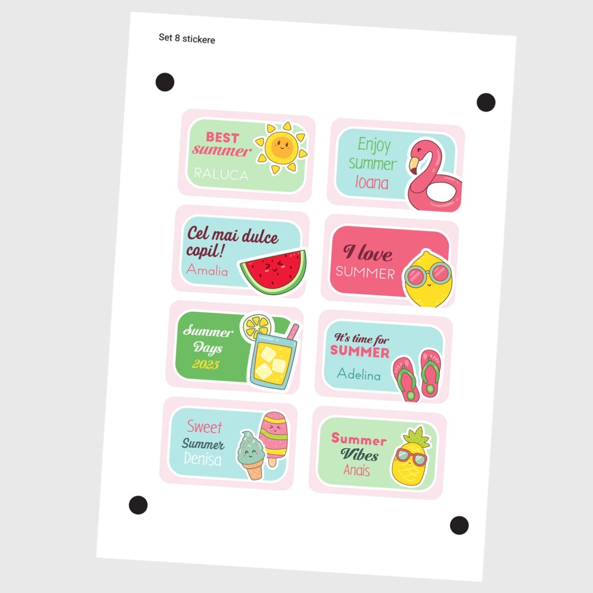 Set di 8 adesivi (etichette autoadesive) personalizzati con messaggio - Summer