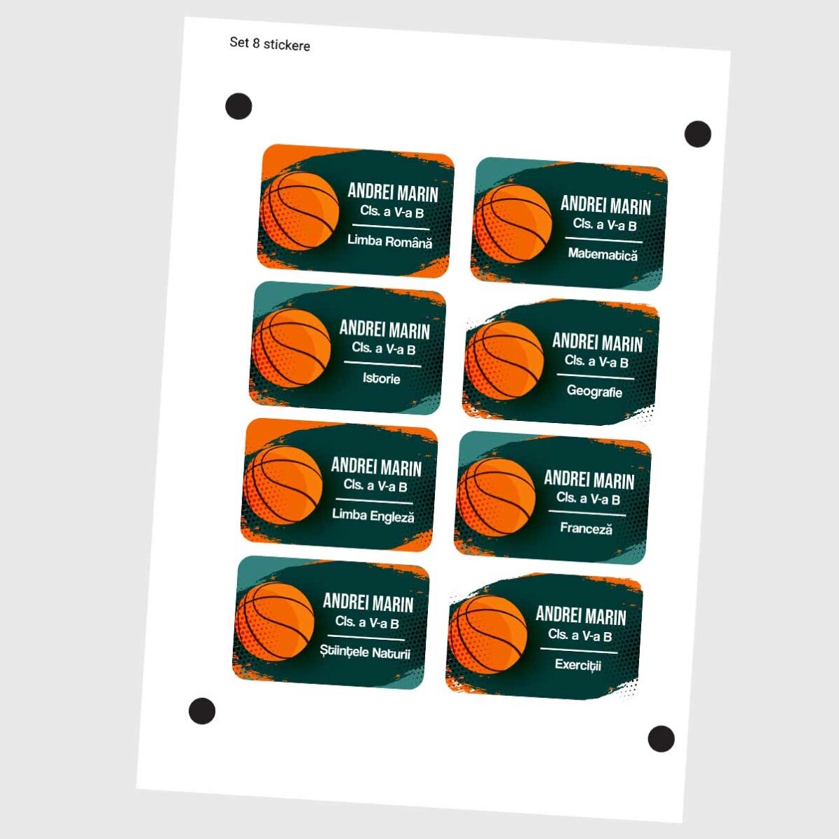 Set di 8 adesivi (etichette autoadesive) personalizzati per la scuola - Basket