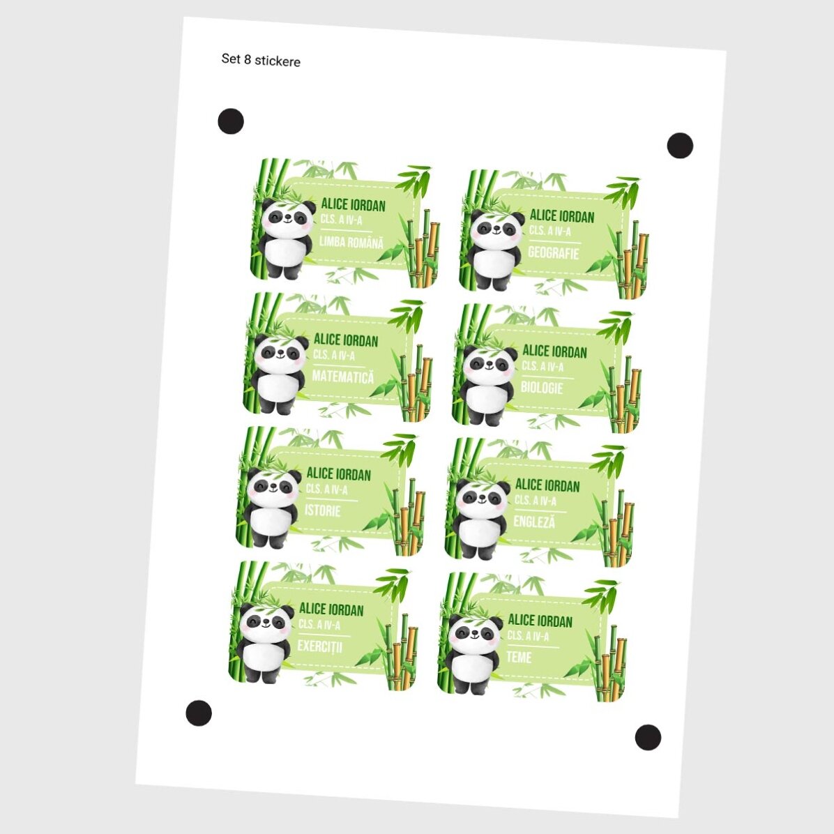 Set di 8 adesivi (etichette autoadesive) personalizzati per la scuola - Cute Panda