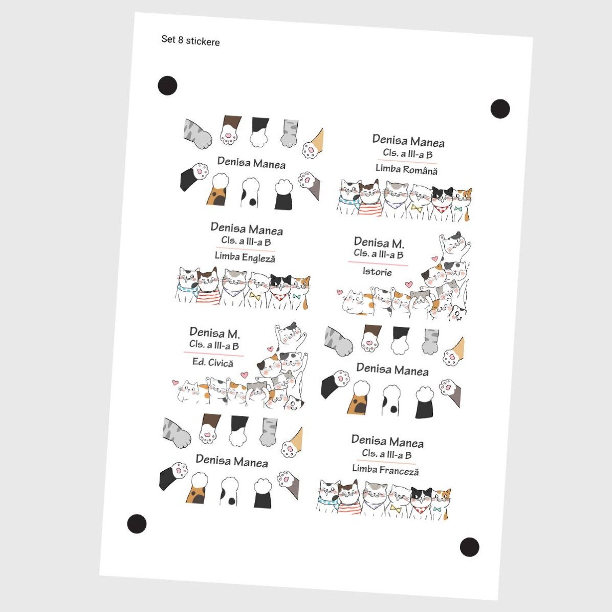 Set di 8 adesivi (etichette autoadesive) personalizzati per la scuola - Kitty