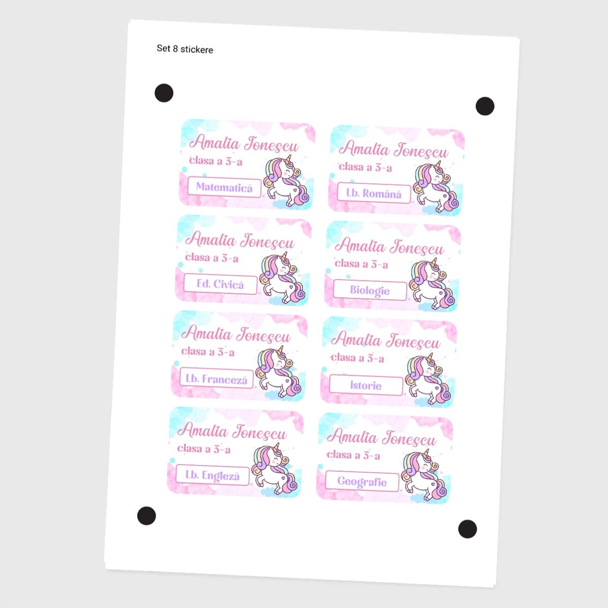 Set of 8 customised stickers (self-adhesive labels) for school - Unicorn