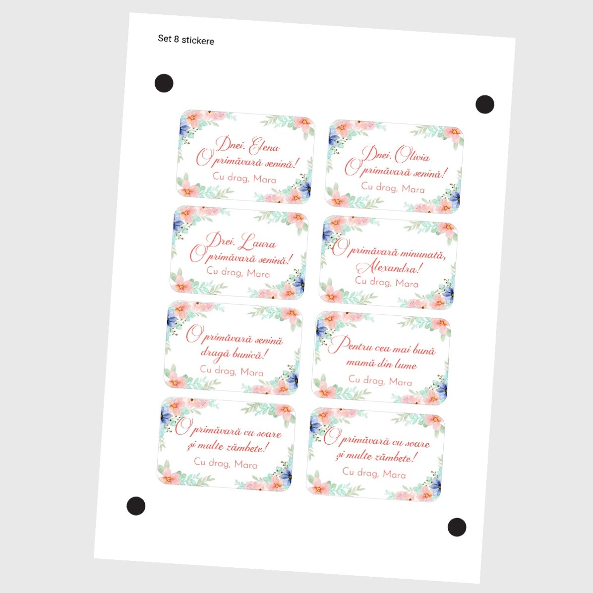 Set di 8 adesivi (etichette autoadesive) personalizzati con messaggi - Motivo floreale