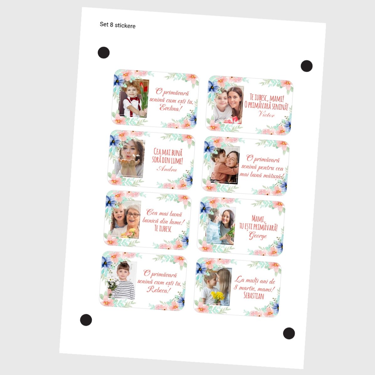 Set di 8 adesivi (etichette autoadesive) personalizzati con foto e messaggio - Primavera