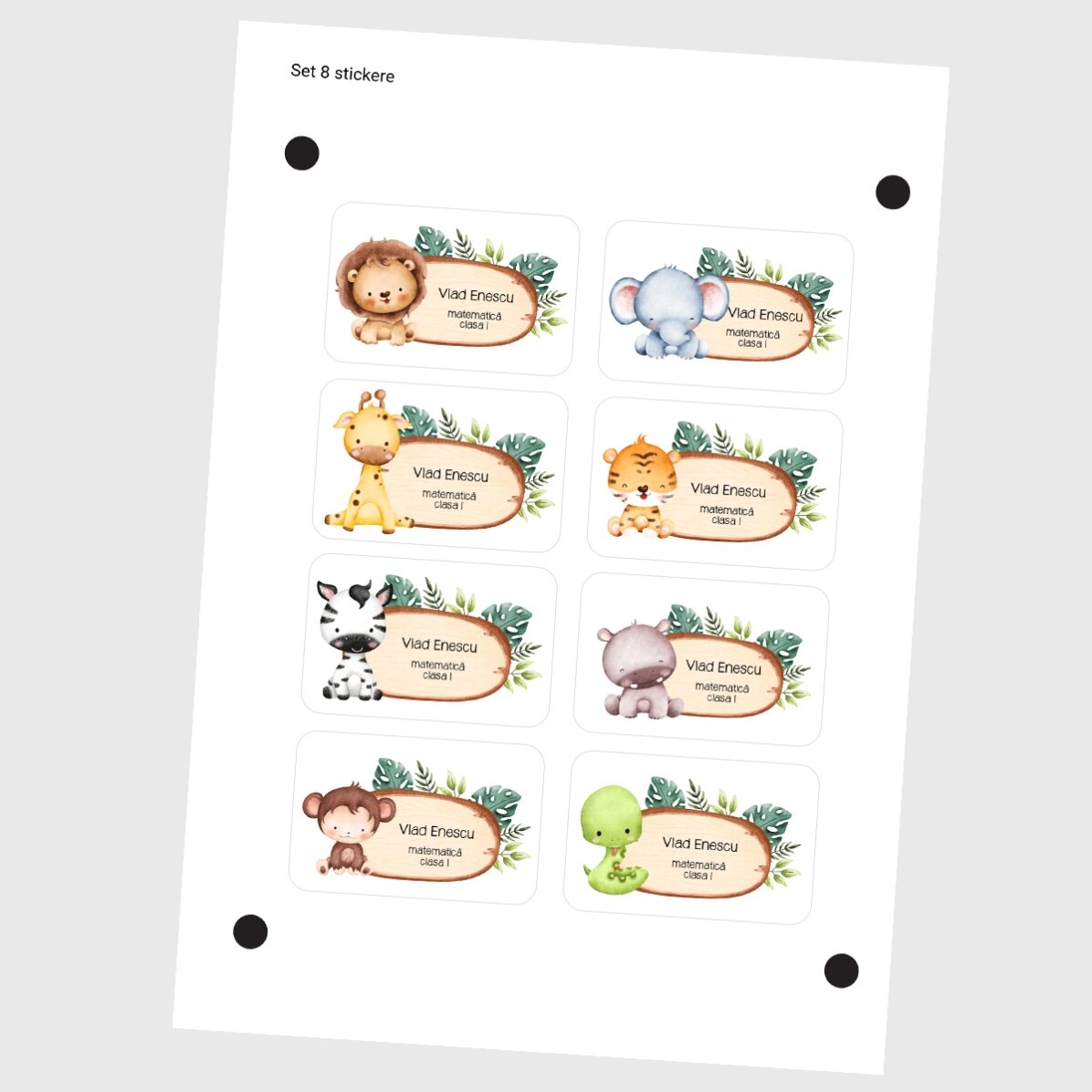Set di 8 adesivi (etichette autoadesive) personalizzati per la scuola con testo - Animalietti