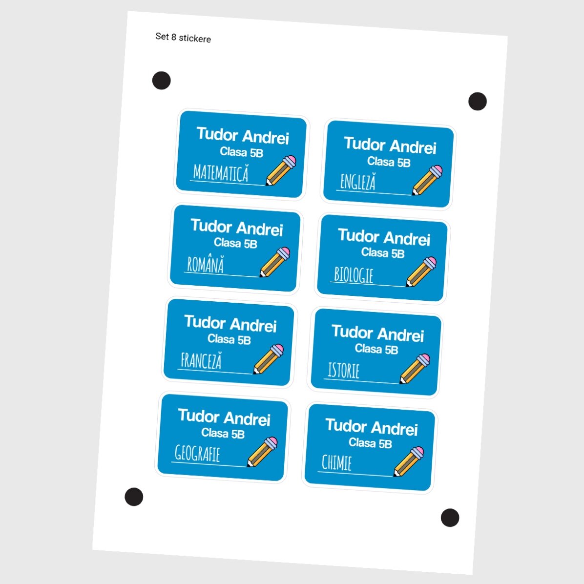Set di 8 adesivi (etichette autoadesive) personalizzati per la scuola con testo - sfondo colorato