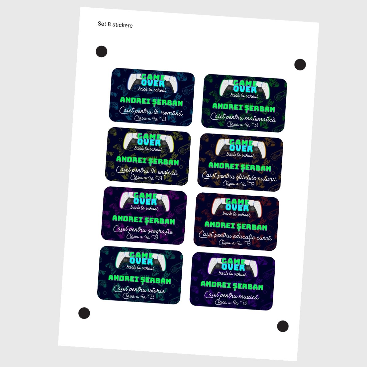 Set di 8 adesivi (etichette autoadesive) personalizzati per la scuola con la scritta "Game Over"