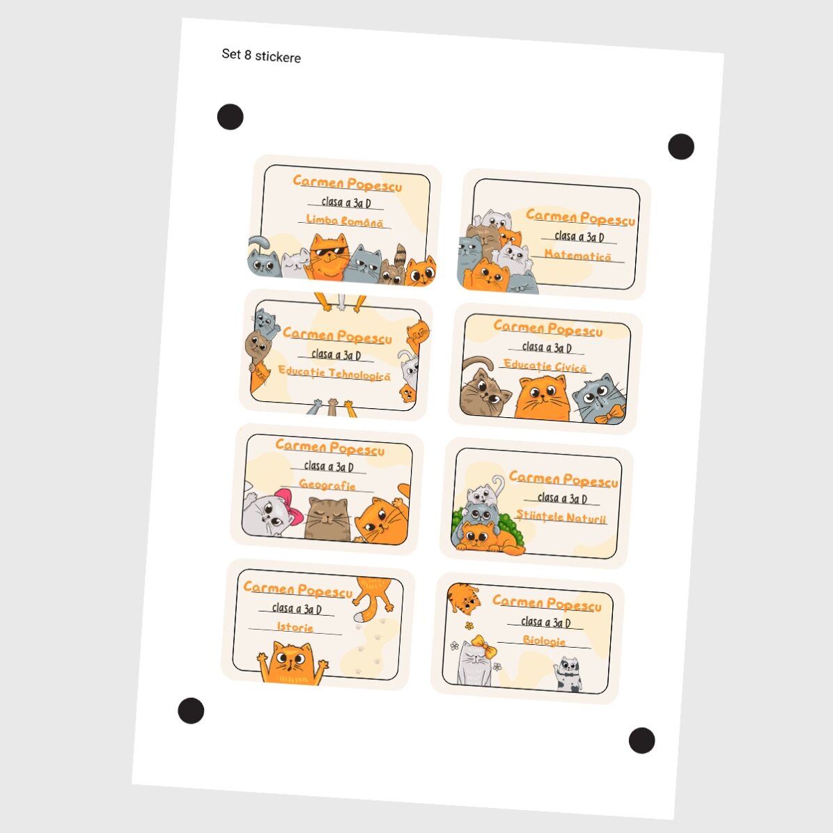 Set di 8 adesivi (etichette autoadesive) personalizzati per la scuola con scritta - Kittens